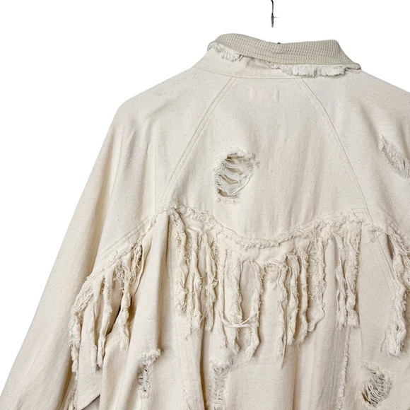 POL Boho Cream Distressed Denim Fringe Mixed Media Women’s Oversized Jacket Sz M - Picture 9 of 12